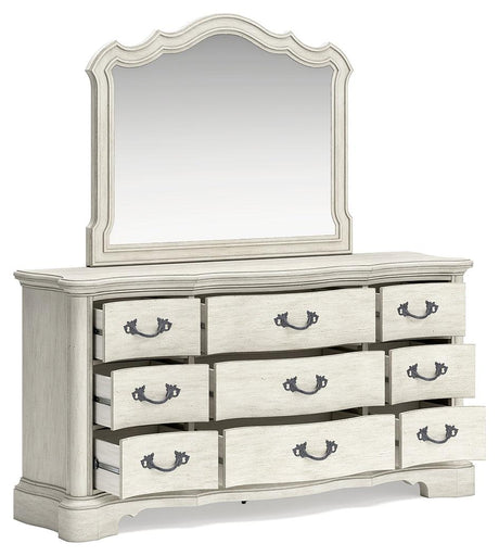 Arlendyne California King Upholstered Bed with Mirrored Dresser and 2 Nightstands in Antique White by Ashley at Eve Furniture