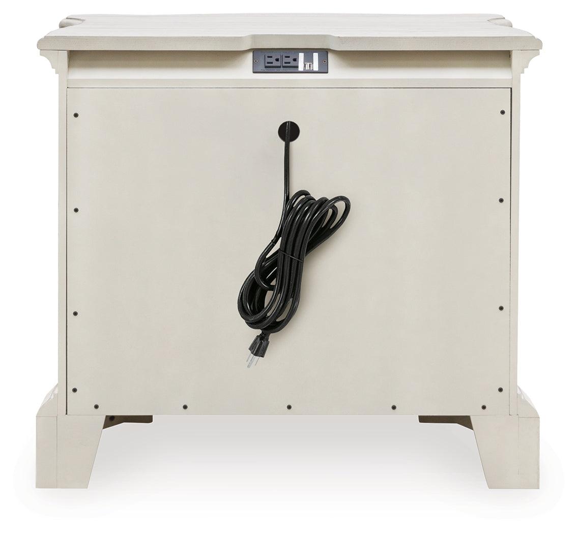 Arlendyne California King Upholstered Bed with Mirrored Dresser and 2 Nightstands in Antique White by Ashley at Eve Furniture