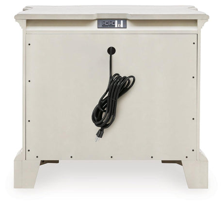 Arlendyne California King Upholstered Bed with Mirrored Dresser and 2 Nightstands in Antique White by Ashley at Eve Furniture