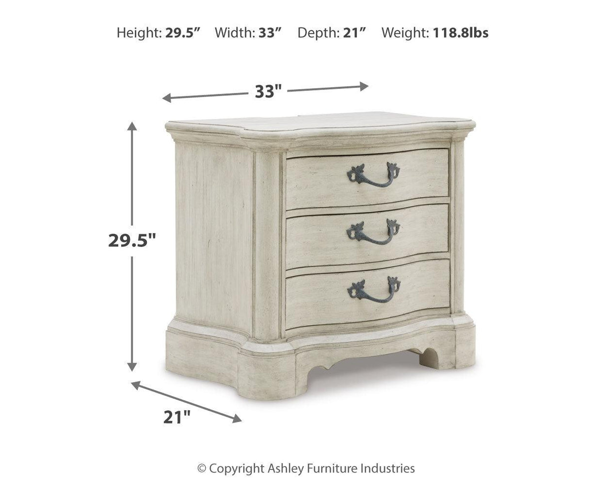 Arlendyne California King Upholstered Bed with Mirrored Dresser and 2 Nightstands in Antique White by Ashley at Eve Furniture