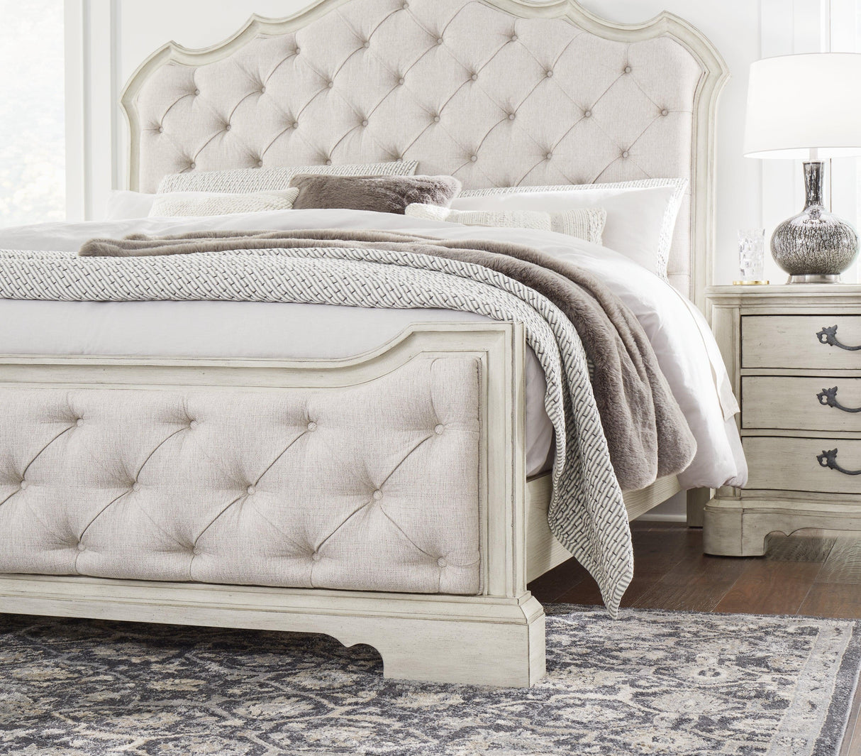 Arlendyne California King Upholstered Bed with Mirrored Dresser and 2 Nightstands in Antique White by Ashley at Eve Furniture