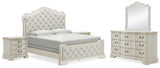 Arlendyne California King Upholstered Bed with Mirrored Dresser and 2 Nightstands in Antique White by Ashley at Eve Furniture
