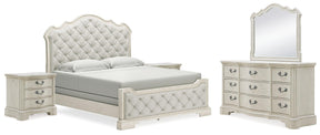Arlendyne California King Upholstered Bed with Mirrored Dresser and 2 Nightstands in Antique White by Ashley at Eve Furniture