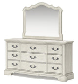 Arlendyne California King Upholstered Bed with Mirrored Dresser and 2 Nightstands in Antique White by Ashley at Eve Furniture