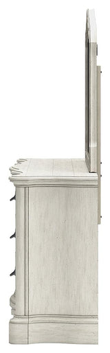 Arlendyne California King Upholstered Bed with Mirrored Dresser and 2 Nightstands in Antique White by Ashley at Eve Furniture