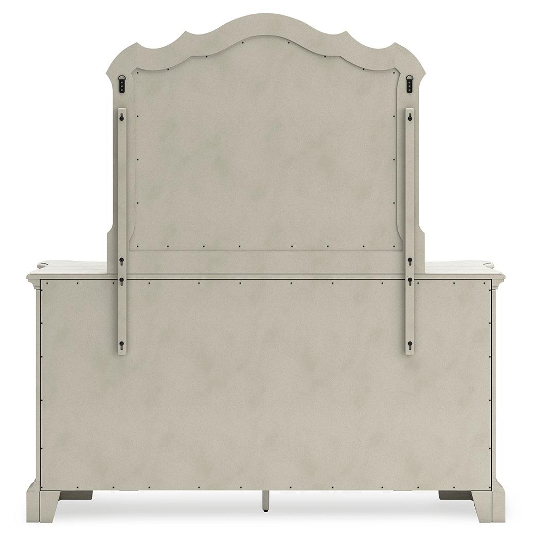 Arlendyne California King Upholstered Bed with Mirrored Dresser and 2 Nightstands in Antique White by Ashley at Eve Furniture