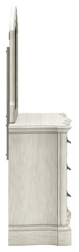 Arlendyne California King Upholstered Bed with Mirrored Dresser and 2 Nightstands in Antique White by Ashley at Eve Furniture
