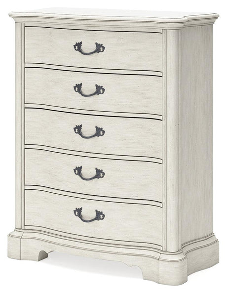 Arlendyne California King Upholstered Bed with Mirrored Dresser and Chest in Antique White by Ashley at Eve Furniture