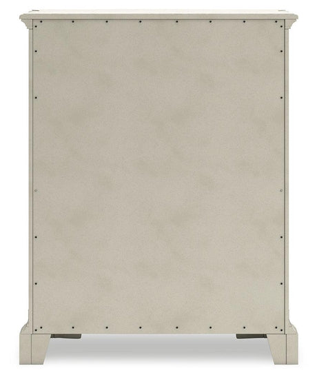 Arlendyne California King Upholstered Bed with Mirrored Dresser and Chest in Antique White by Ashley at Eve Furniture