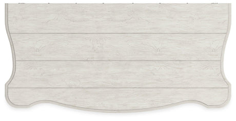 Arlendyne California King Upholstered Bed with Mirrored Dresser and Chest in Antique White by Ashley at Eve Furniture