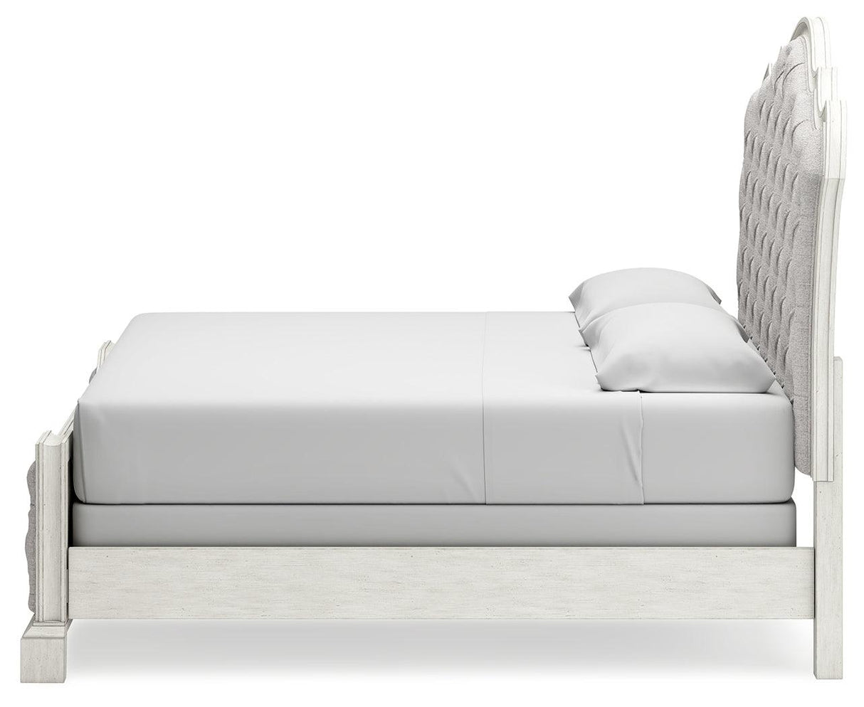 Arlendyne California King Upholstered Bed with Mirrored Dresser and Chest in Antique White by Ashley at Eve Furniture
