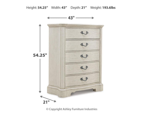 Arlendyne California King Upholstered Bed with Mirrored Dresser and Chest in Antique White by Ashley at Eve Furniture