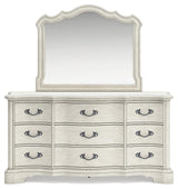 Arlendyne California King Upholstered Bed with Mirrored Dresser and Chest in Antique White by Ashley at Eve Furniture