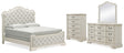 Arlendyne California King Upholstered Bed with Mirrored Dresser and Chest in Antique White by Ashley at Eve Furniture