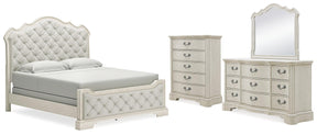 Arlendyne California King Upholstered Bed with Mirrored Dresser and Chest in Antique White by Ashley at Eve Furniture