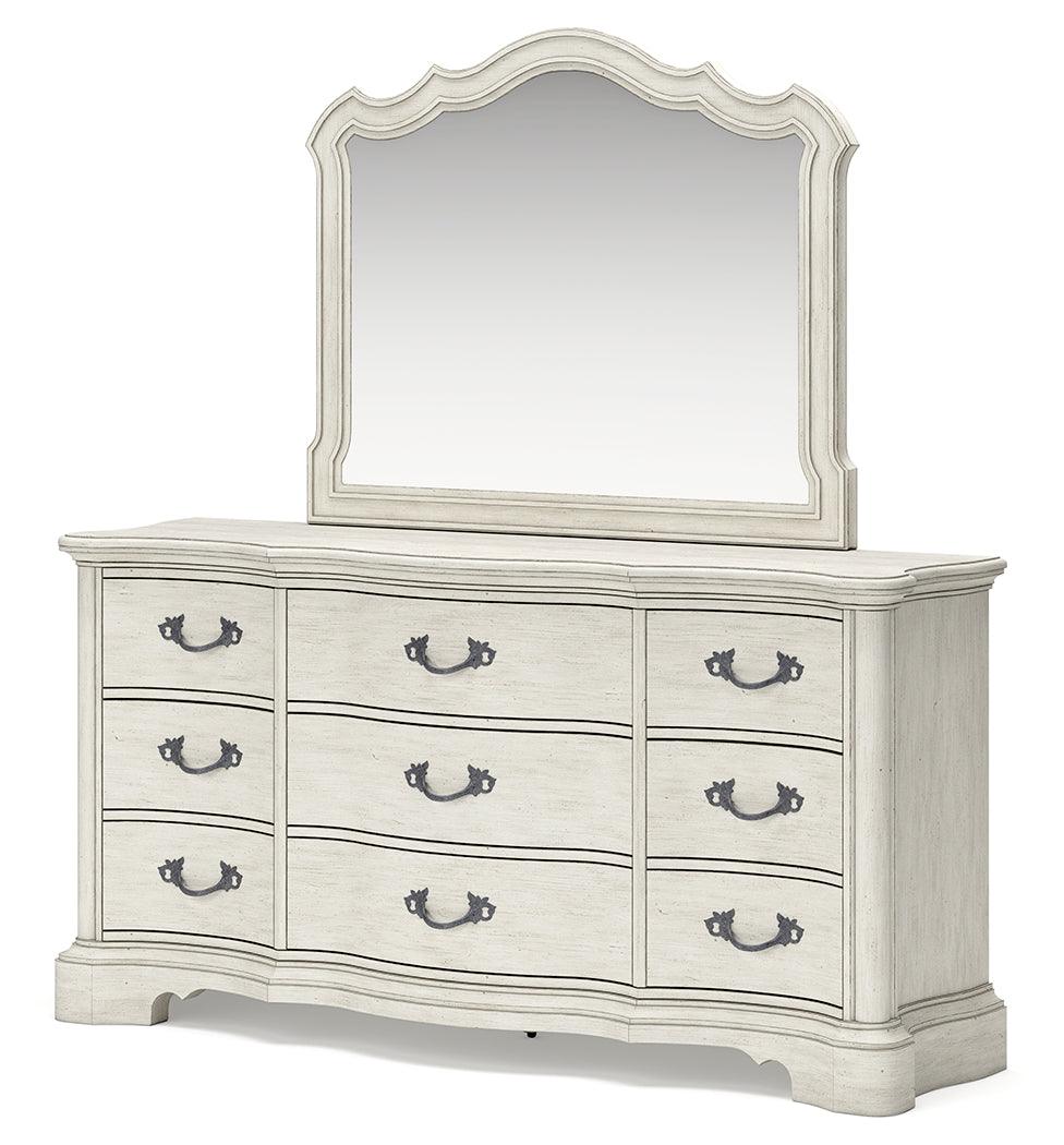 Arlendyne California King Upholstered Bed with Mirrored Dresser and Chest in Antique White by Ashley at Eve Furniture