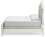 Arlendyne California King Upholstered Bed with Mirrored Dresser and Nightstand in Antique White by Ashley at Eve Furniture