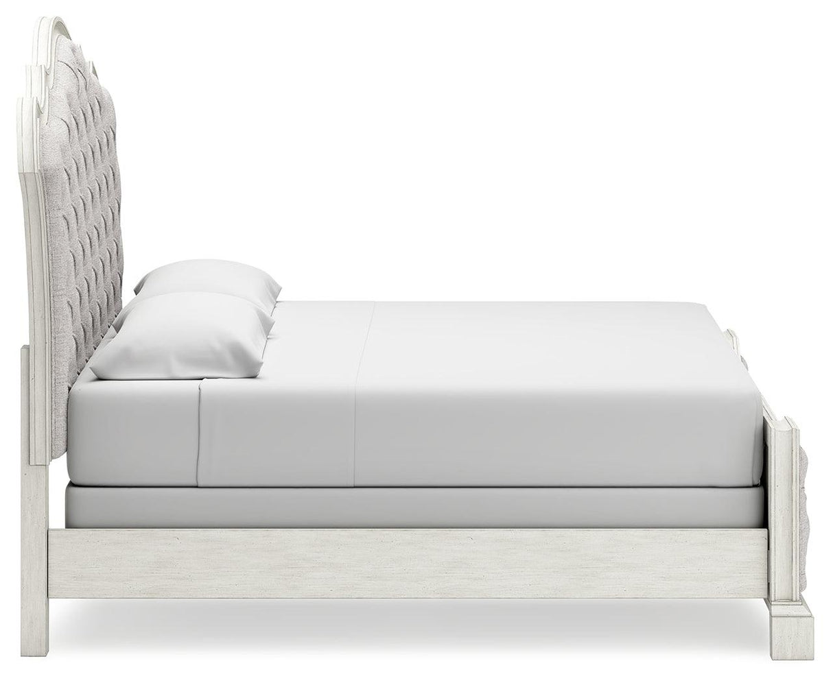 Arlendyne California King Upholstered Bed with Mirrored Dresser and Nightstand in Antique White by Ashley at Eve Furniture
