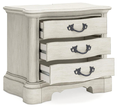 Arlendyne California King Upholstered Bed with Mirrored Dresser and Nightstand in Antique White by Ashley at Eve Furniture