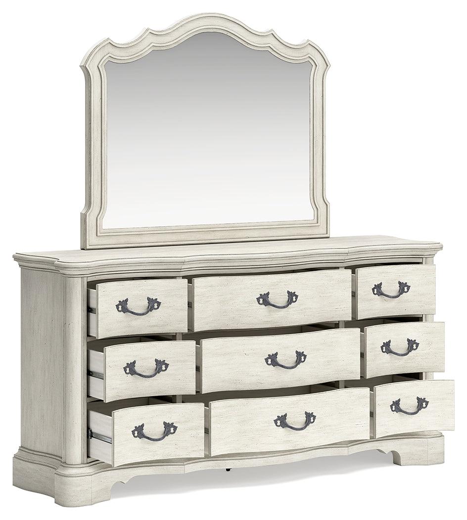 Arlendyne California King Upholstered Bed with Mirrored Dresser and Nightstand in Antique White by Ashley at Eve Furniture