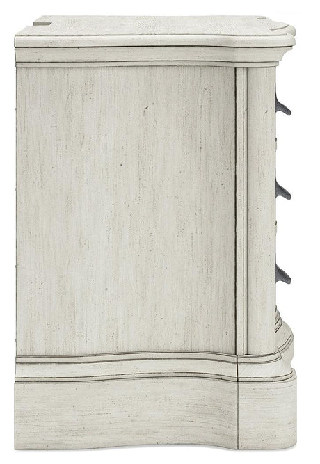 Arlendyne California King Upholstered Bed with Mirrored Dresser and Nightstand in Antique White by Ashley at Eve Furniture
