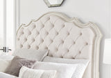 Arlendyne California King Upholstered Bed with Mirrored Dresser and Nightstand in Antique White by Ashley at Eve Furniture