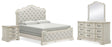 Arlendyne California King Upholstered Bed with Mirrored Dresser and Nightstand in Antique White by Ashley at Eve Furniture
