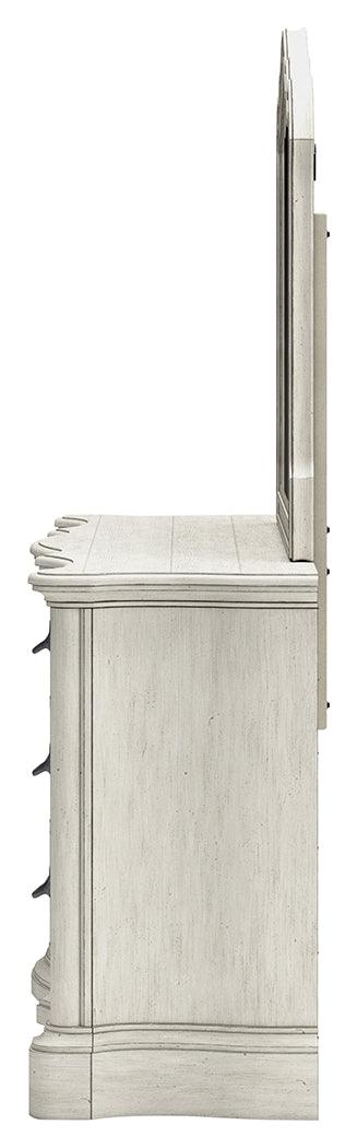 Arlendyne California King Upholstered Bed with Mirrored Dresser and Nightstand in Antique White by Ashley at Eve Furniture