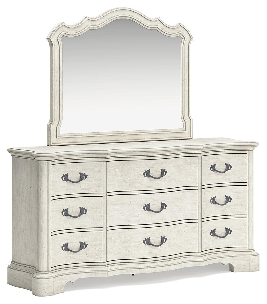 Arlendyne California King Upholstered Bed with Mirrored Dresser and Nightstand in Antique White by Ashley at Eve Furniture