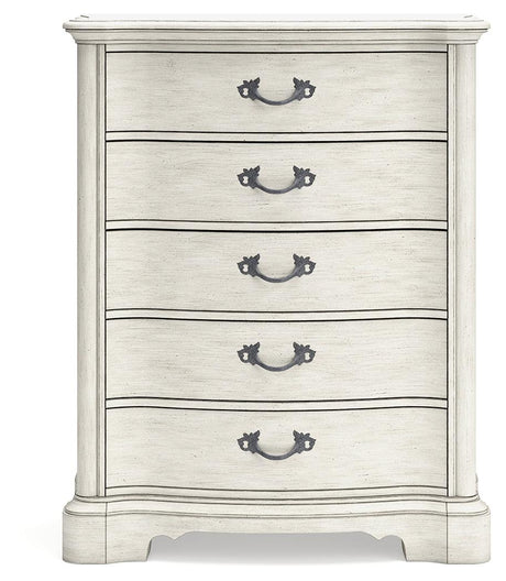 Arlendyne California King Upholstered Bed with Mirrored Dresser, Chest and 2 Nightstands in Antique White by Ashley at Eve Furniture