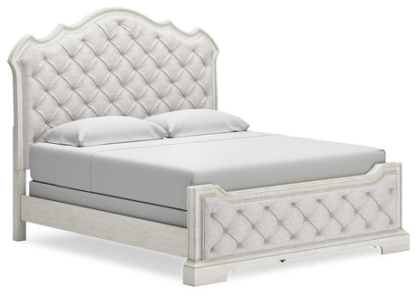 Arlendyne California King Upholstered Bed with Mirrored Dresser, Chest and 2 Nightstands in Antique White by Ashley at Eve Furniture