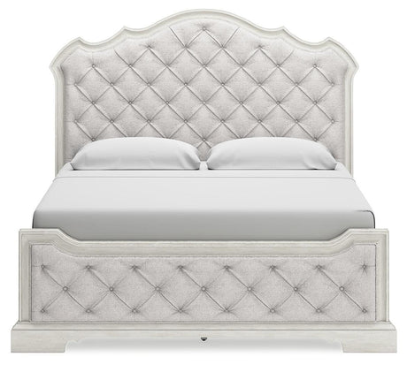 Arlendyne California King Upholstered Bed with Mirrored Dresser, Chest and 2 Nightstands in Antique White by Ashley at Eve Furniture