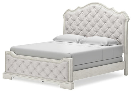 Arlendyne California King Upholstered Bed with Mirrored Dresser, Chest and 2 Nightstands in Antique White by Ashley at Eve Furniture