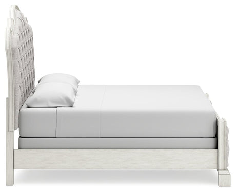 Arlendyne California King Upholstered Bed with Mirrored Dresser, Chest and 2 Nightstands in Antique White by Ashley at Eve Furniture