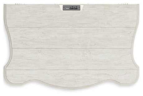 Arlendyne California King Upholstered Bed with Mirrored Dresser, Chest and 2 Nightstands in Antique White by Ashley at Eve Furniture