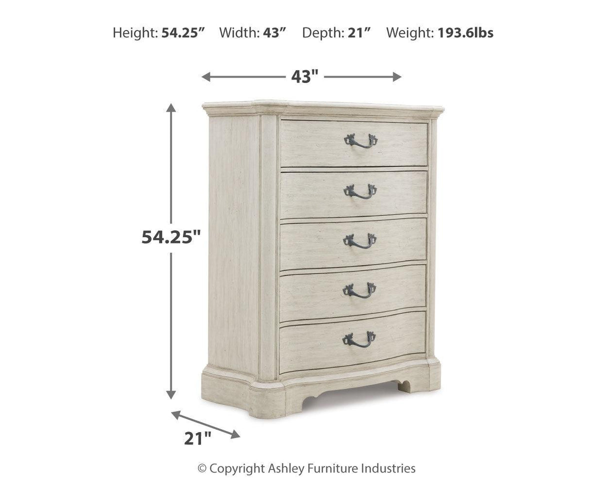 Arlendyne California King Upholstered Bed with Mirrored Dresser, Chest and 2 Nightstands in Antique White by Ashley at Eve Furniture