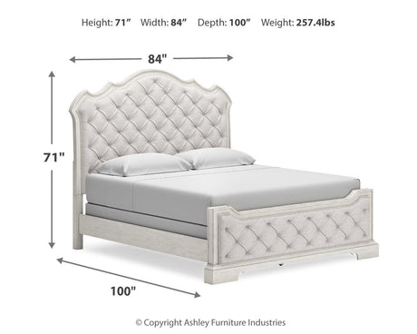 Arlendyne California King Upholstered Bed with Mirrored Dresser, Chest and 2 Nightstands in Antique White by Ashley at Eve Furniture