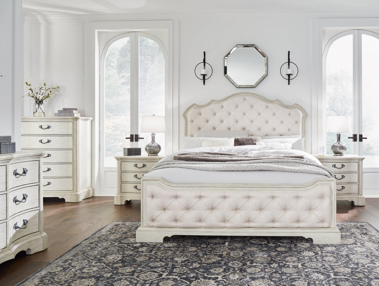 Arlendyne California King Upholstered Bed with Mirrored Dresser, Chest and 2 Nightstands in Antique White by Ashley at Eve Furniture