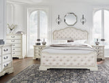 Arlendyne California King Upholstered Bed with Mirrored Dresser, Chest and 2 Nightstands in Antique White by Ashley at Eve Furniture