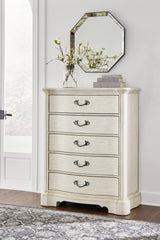 Arlendyne California King Upholstered Bed with Mirrored Dresser, Chest and 2 Nightstands in Antique White by Ashley at Eve Furniture