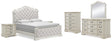 Arlendyne California King Upholstered Bed with Mirrored Dresser, Chest and 2 Nightstands in Antique White by Ashley at Eve Furniture