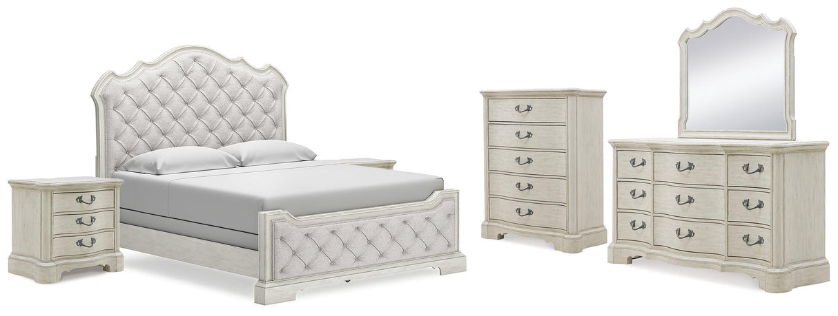 Arlendyne California King Upholstered Bed with Mirrored Dresser, Chest and 2 Nightstands in Antique White by Ashley at Eve Furniture