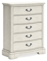 Arlendyne California King Upholstered Bed with Mirrored Dresser, Chest and 2 Nightstands in Antique White by Ashley at Eve Furniture