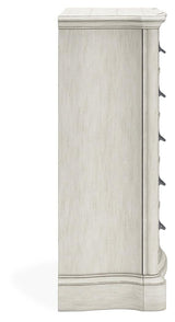 Arlendyne California King Upholstered Bed with Mirrored Dresser, Chest and Nightstand in Antique White by Ashley at Eve Furniture