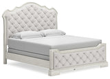 Arlendyne California King Upholstered Bed with Mirrored Dresser, Chest and Nightstand in Antique White by Ashley at Eve Furniture