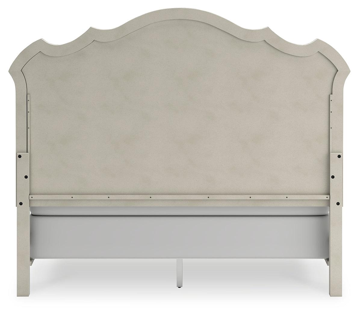 Arlendyne California King Upholstered Bed with Mirrored Dresser, Chest and Nightstand in Antique White by Ashley at Eve Furniture