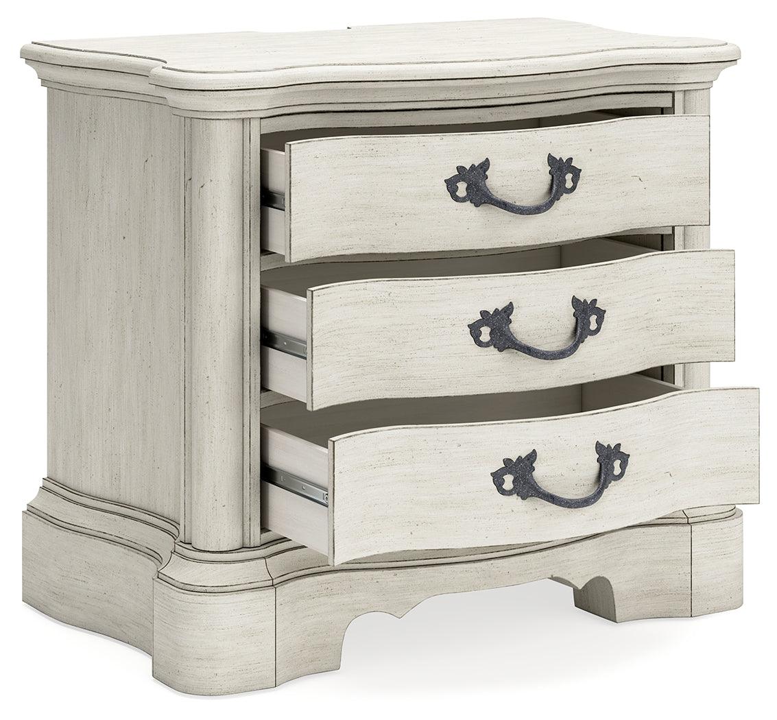 Arlendyne California King Upholstered Bed with Mirrored Dresser, Chest and Nightstand in Antique White by Ashley at Eve Furniture