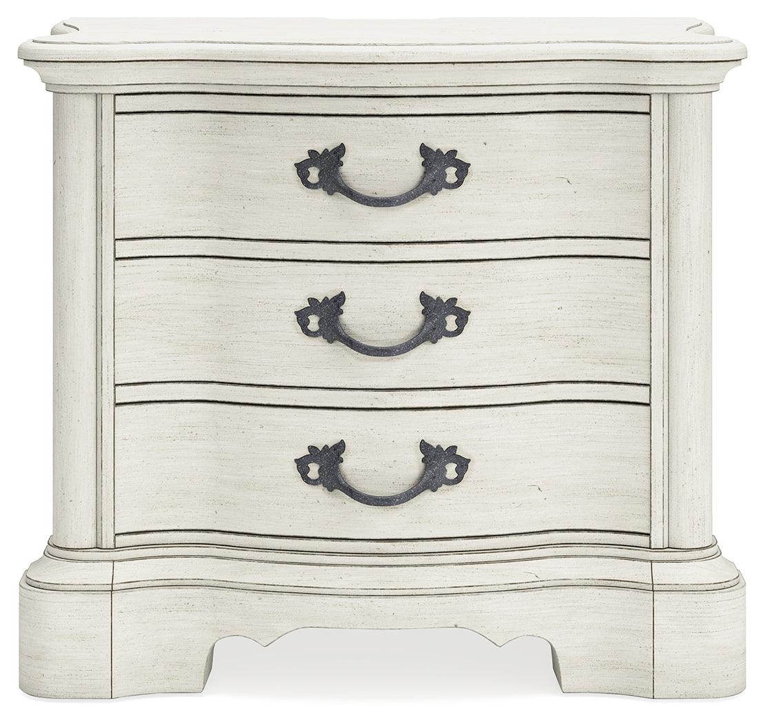 Arlendyne California King Upholstered Bed with Mirrored Dresser, Chest and Nightstand in Antique White by Ashley at Eve Furniture
