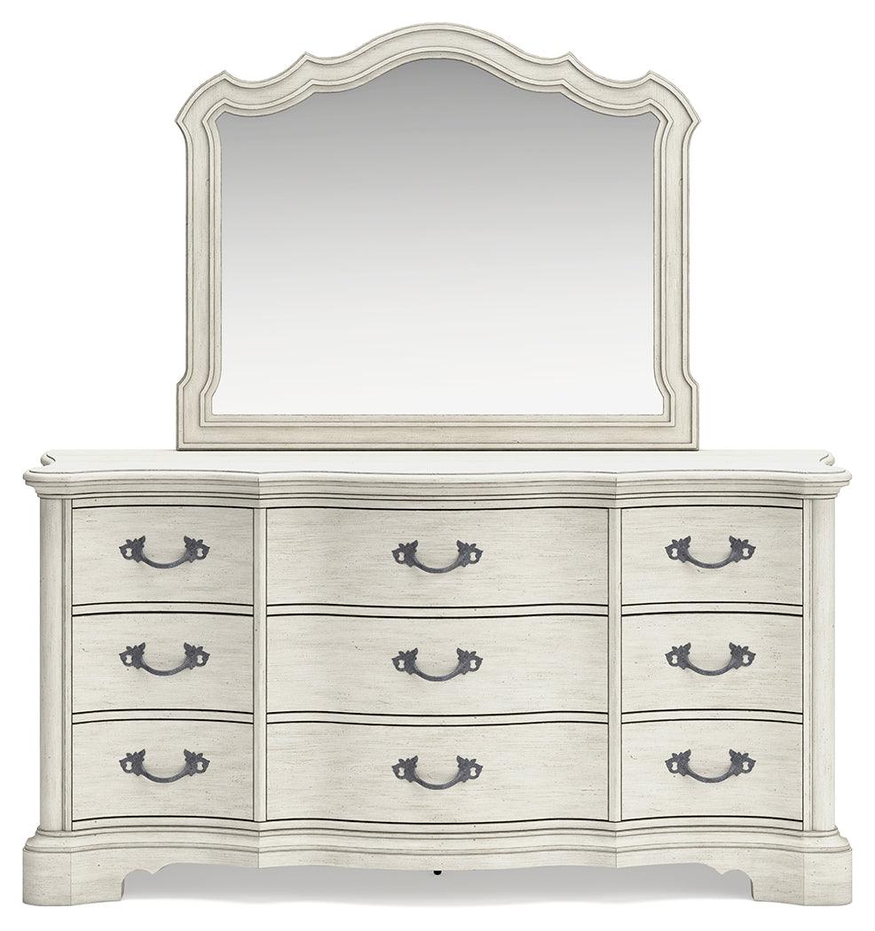 Arlendyne California King Upholstered Bed with Mirrored Dresser, Chest and Nightstand in Antique White by Ashley at Eve Furniture