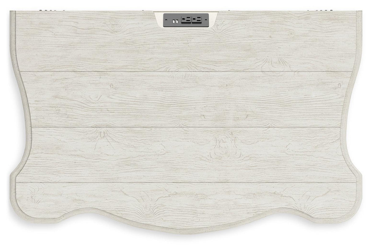 Arlendyne California King Upholstered Bed with Mirrored Dresser, Chest and Nightstand in Antique White by Ashley at Eve Furniture